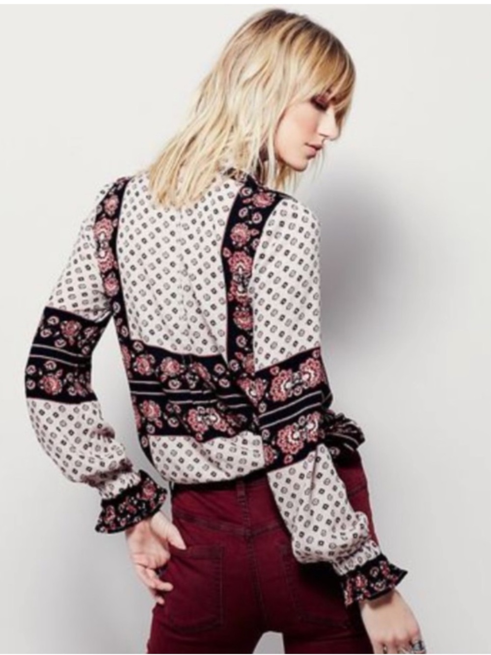 Free People “Changing Times” Boho Mixed Floral Print Ruffle Long Sleeve Tunic• S - Picture 2 of 15